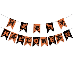 Halloween party decoration set with Happy Halloween swallowtail banners and spooky icons