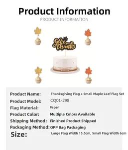 Detail of Thanksgiving cake topper set with Give Thanks sign and maple leaves