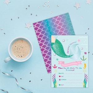 Cartoon Mermaid Theme Kids Birthday Party Invitation Cards With Envelopes Glitter Scales Pattern Paper Cards For Girls Event