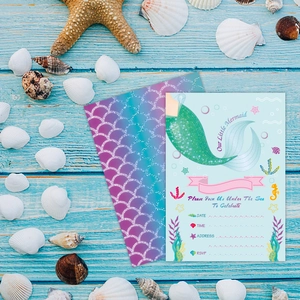 Mermaid party invitation card with purple sequin scale envelope and ocean decor