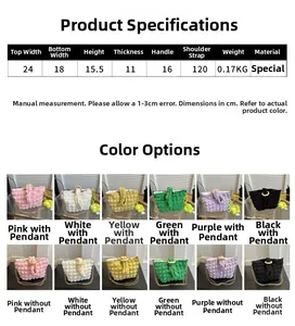Detailed grid showing size specifications and color options for pleated cloud handbags