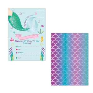 Blue mermaid theme birthday invitation card with shimmering tail and ocean elements