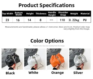 Quilted bucket bag dimensions and four available colors with metal chain strap