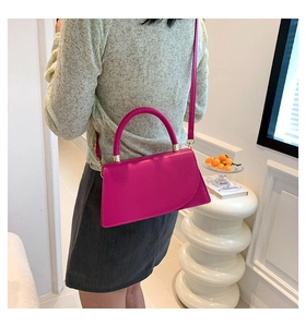 Modello con borsa a mano trapezoidale rosa con patta asimmetrica e dettagli oro