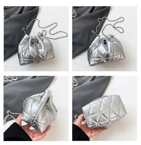 Detail view showing silver quilted drawstring bucket bag with metal chain strap from four angles