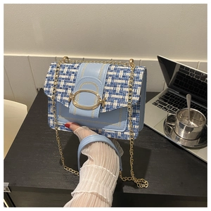 Detailed view of a blue and white tweed crossbody bag with a large gold oval buckle