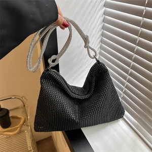 Women's Sparkling Full Rhinestone Underarm Tote Bag Fashionable Evening Party Shoulder Bag With Knotted Strap PU Metallic Handbag