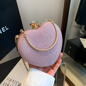 Pink glitter heart evening clutch bag with gold chain strap and crystal buckle clasp