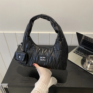 Women Quilted Shoulder Bag And Mini Pouch Set PU Leather Underarm Hobo Bag Soft Solid Color Zipper Handbag Daily Purses