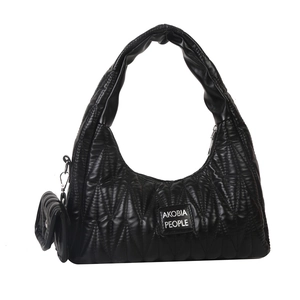 Quilted black hobo shoulder bag with puffy texture and matching mini pouch accessory