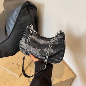 Fashionable denim chain shoulder bag with black and white woven texture for women