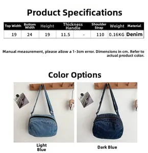 Size chart detail of denim crossbody bag showing dimensions and adjustable strap specs