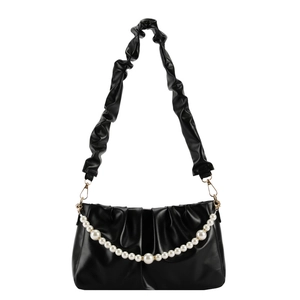 Sac nuage plissé noir pour femme avec chaîne de perles élégante et bandoulière chic