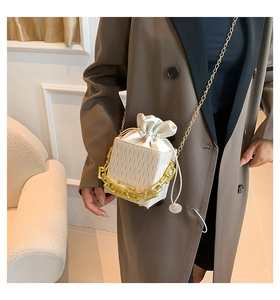 Detail of cream pleated bucket bag featuring chunky gold chain and drawstring closure