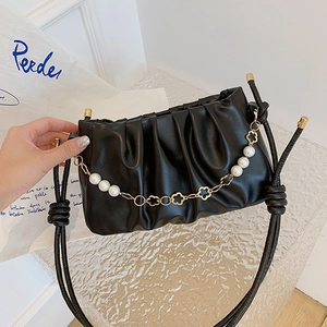 Women Fashion Pleated Cloud Shoulder Bag PU Leather Ruched Underarm Bag With Artificial Pearl Flower Chain Elegant Minimalist Purse