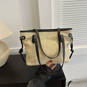 Women Large Capacity Straw Woven Tote Bag Casual Summer Beach Shoulder Bag With PU Leather Strap Minimalist Handbag