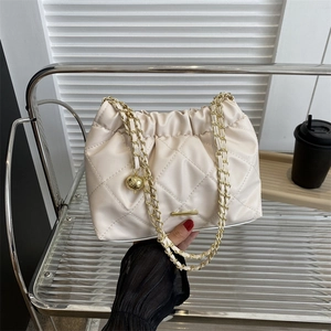 Women Quilted Diamond Shoulder Bag Pleated Cloud Underarm Bag PU Leather Commuter Handbag With Gold Chain And Ball Pendant