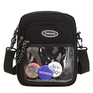 Bolso bandolera de lona negra con bolsillo de PVC transparente y pins de moda