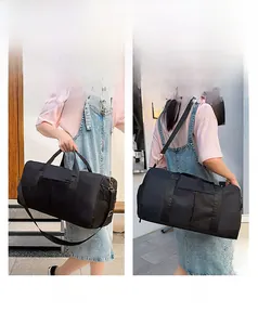 Dual-view showing black cylinder travel bag used as a handbag and a shoulder sports duffel