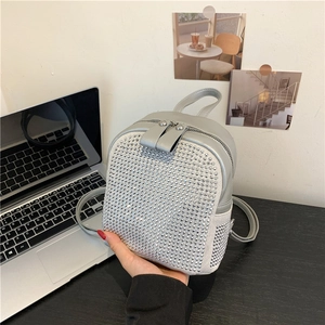 Silver grey mini backpack for women featuring sparkling rhinestones and casual Korean style