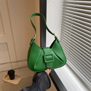 Green faux leather underarm bag featuring trendy pleated design and stylish square buckle