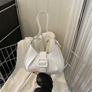 Minimalist white half-moon shoulder bag with square buckle and ruched texture for women