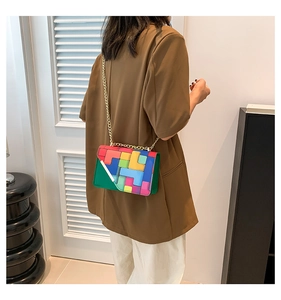 Colorful geometric leather patchwork crossbody bag with elegant gold chain strap
