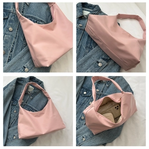 Detailed interior and multi-angle views of a pink crescent hobo bag for daily essentials