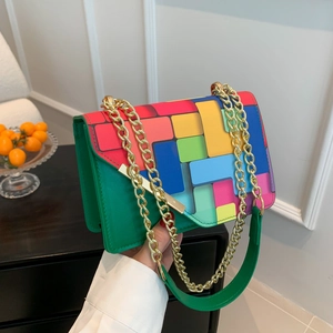 Women Colorful Geometric Block Print Crossbody Bag PU Leather Mini Square Shoulder Purse With Gold Chain Strap Fashion
