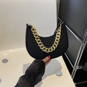 Women Fashion Felt Crescent Underarm Bag With Thick Gold Chain Strap Embossed Half Moon Shoulder Bag For Party Daily Wear
