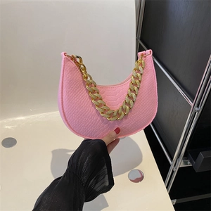 Chic pink crocodile pattern half-moon shoulder bag with bold gold chain handle
