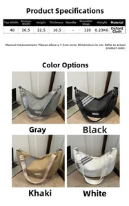 Detailed size specifications and four color options for the fashion nylon crescent bag