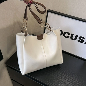 Minimalist white and brown PU leather tote bag with gold chain strap handles