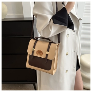 Detail of color-block crossbody bag featuring a cute brown puppy patch embroidery