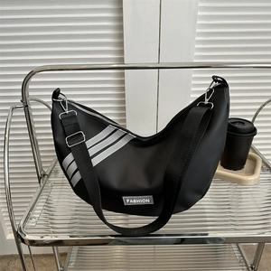 Women Casual Nylon Crescent Crossbody Bag Large Capacity Triple Stripe Design Fashion Shoulder Dumpling Bag Hobo Purse