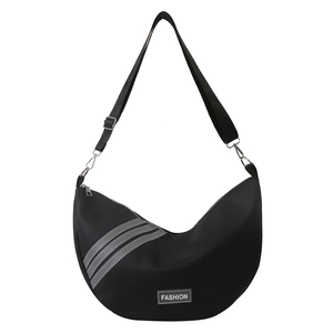 Black nylon crescent crossbody bag with grey diagonal stripes and fashion woven label