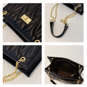 Detail shots of black quilted shoulder bag featuring gold chain and turn-lock closure