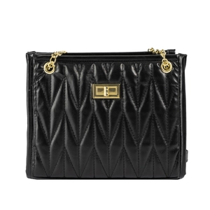 Quilted black leather shoulder bag with gold metal chain and turn-lock closure