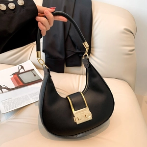 Minimalist PU Leather Crescent Underarm Bag For Women Gold Metal Buckle Hobo Shoulder Handbag Retro Dumpling Bag Daily Commute