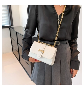 Detail of white stone pattern small square bag with golden chain and H-shaped clasp