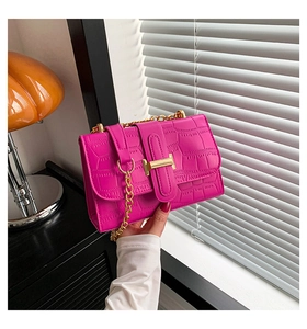 Detailed view of pink croc-embossed crossbody bag with golden H clasp and chain strap