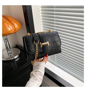 Detail of black crocodile texture bag featuring a gold H-buckle and metal chain strap