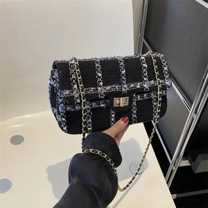 Elegante Dames Tweed Ruitpatroon Ketting Schoudertas Vierkante Crossbody Tas Met Metalen Slot Gesp Mode Geweven Messenger Bag