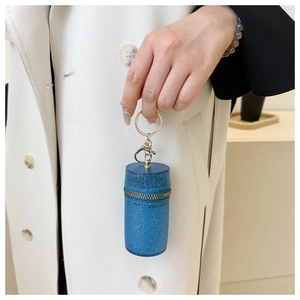 Blue glitter cylinder mini bag for lipstick and earphones with gold keychain clip