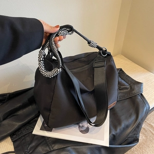 Women Large Capacity Canvas Nylon Tote Bag Urban Minimalist Shoulder Bag Braided Rope Strap Casual Travel School Bag