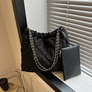 Mode Dames Gevoerde Tote Bag Set Met Kettingriem Oxford Stof Ruitpatroon Trekkoord Schoudertas En Kleine Pouch