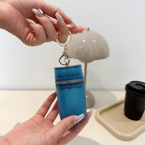 Fashion Mini Glitter Bucket Bag Keychain Pendant For Women Shiny PU Leather Small Lipstick Earphone Storage Chain Bag