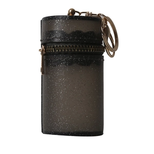 Mini black glitter cylindrical chain bag with gold zipper and key ring attachment