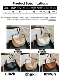 Detailed size specifications and color palette for the soft PU leather crescent bag