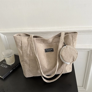 Corduroy Tote Bag Large Capacity Women Shoulder Handbag With Round Pouch Simple Urban Style Casual Commuter